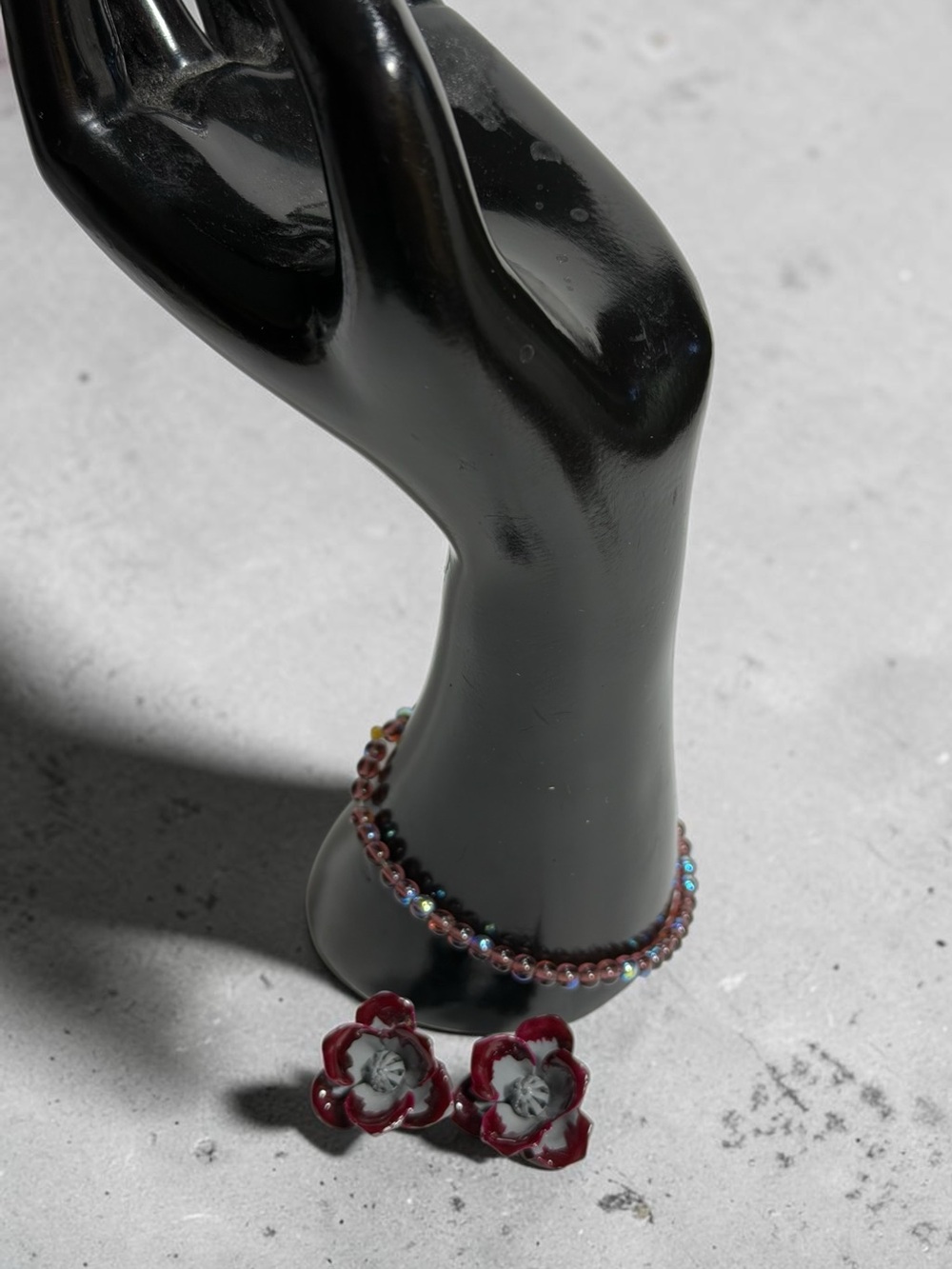 Burgundy Gray Flower Clip On Earrings Plus Iridescent Seed Bead Stretch Bracelet